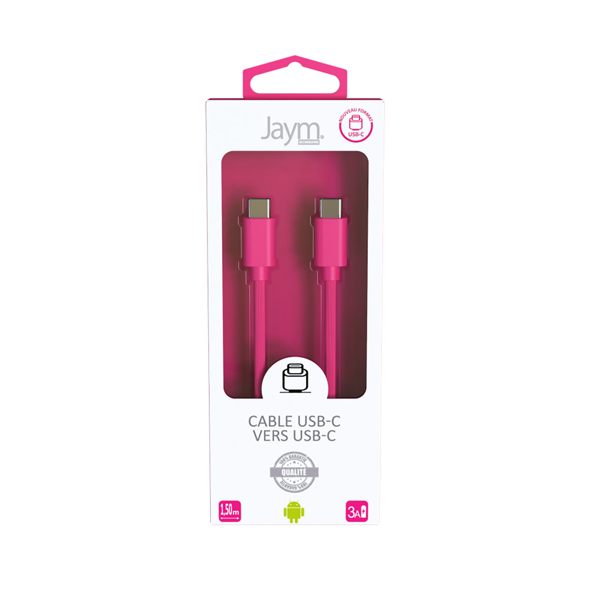 Cavo USB-C rosa in una scatola bianca. La scatola ha il marchio 'Jaym' e dettagli.