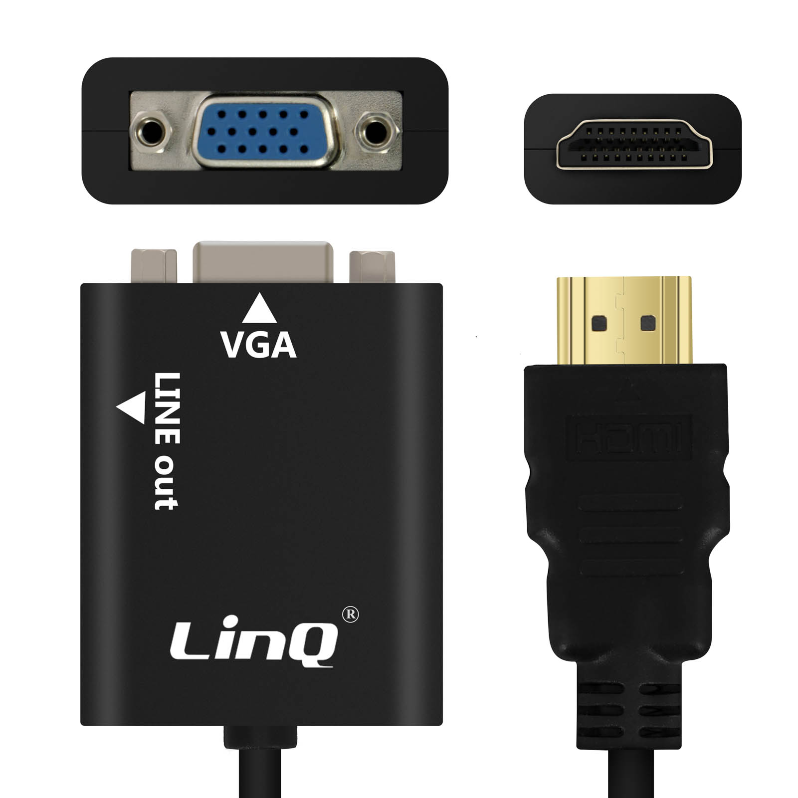 Adattatore VGA a HDMI. Adattatore nero con connettori VGA e HDMI ed etichette.