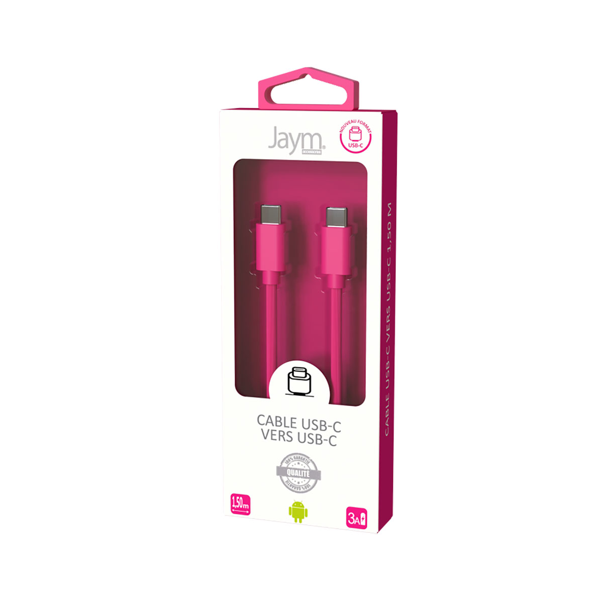 Un cavo USB-C rosa in una confezione. La confezione è rosa e bianca con informazioni sul prodotto.