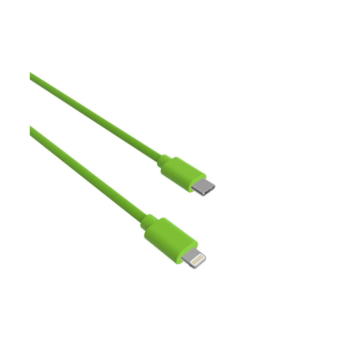 Grünes USB-C-zu-Lightning-Kabel auf weißem Hintergrund.