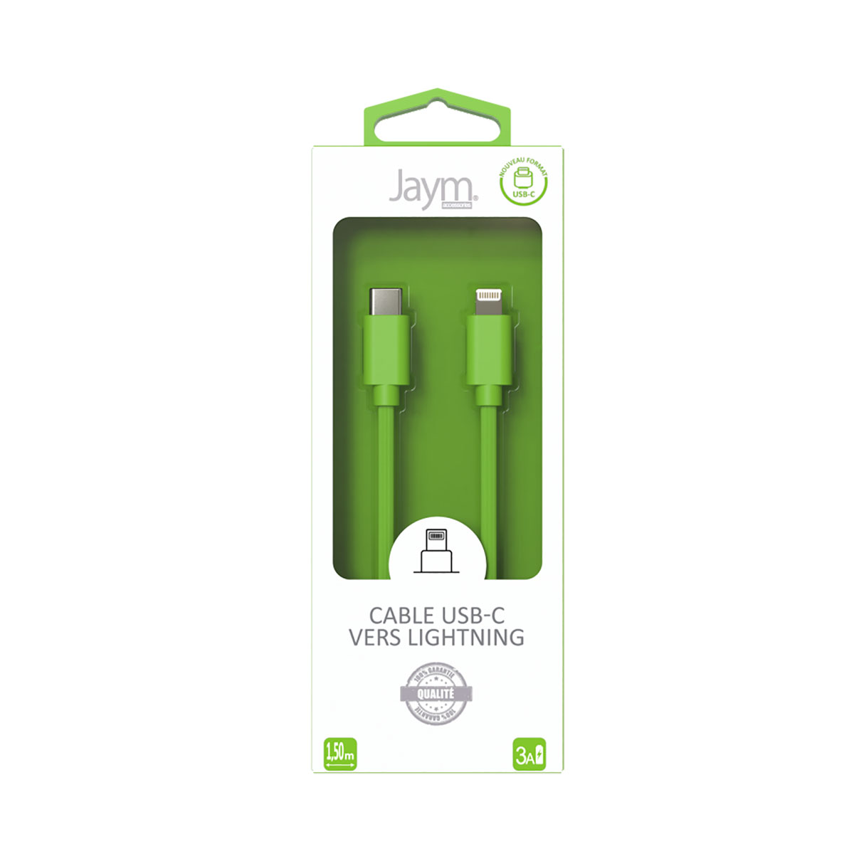 Ein grünes USB-C-zu-Lightning-Kabel in einer Verpackung. Text: USB-C VERS LIGHTNING. 1,50 m und 3A gedruckt.