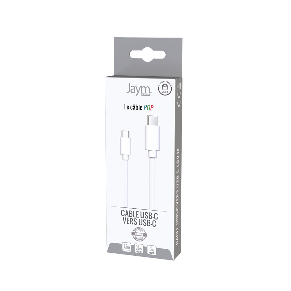 Weiße Box mit einem USB-C-Kabel. Die Box trägt den Text 'CABLE USB-C VERS USB-C'.
