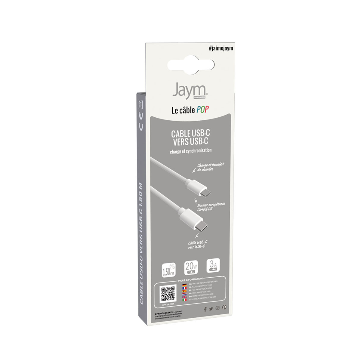 Weiße Kabelbox mit Text 'Câble USB-C vers USB-C'. Die Box hat ein Jaym-Logo.