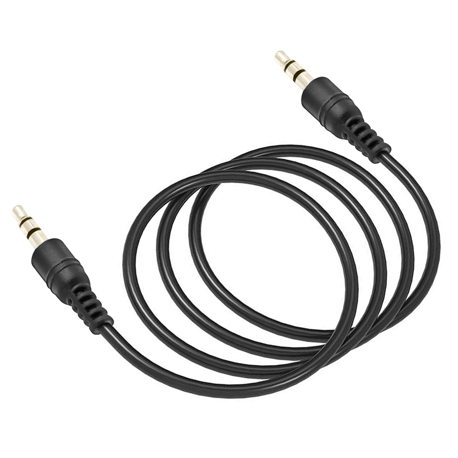 Un cavo audio nero con due jack da 3,5 mm, su sfondo bianco.