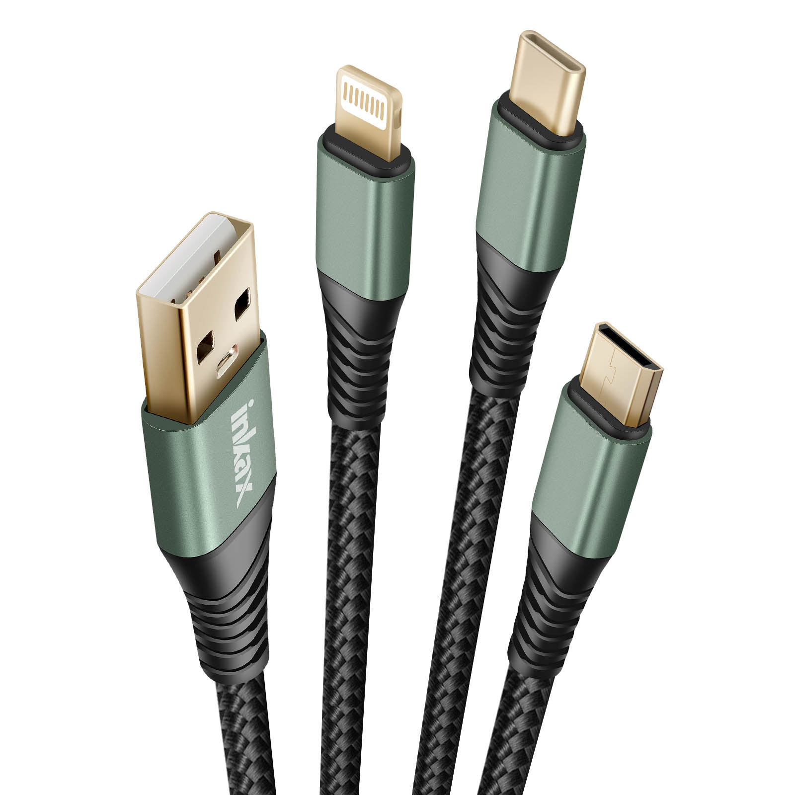 Quatre câbles USB avec différents connecteurs, avec un design tressé vert et noir.