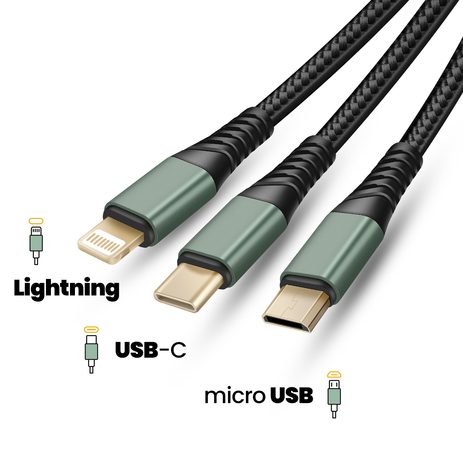 Trois câbles USB : Lightning, USB-C et micro USB, avec câble tressé vert et noir.