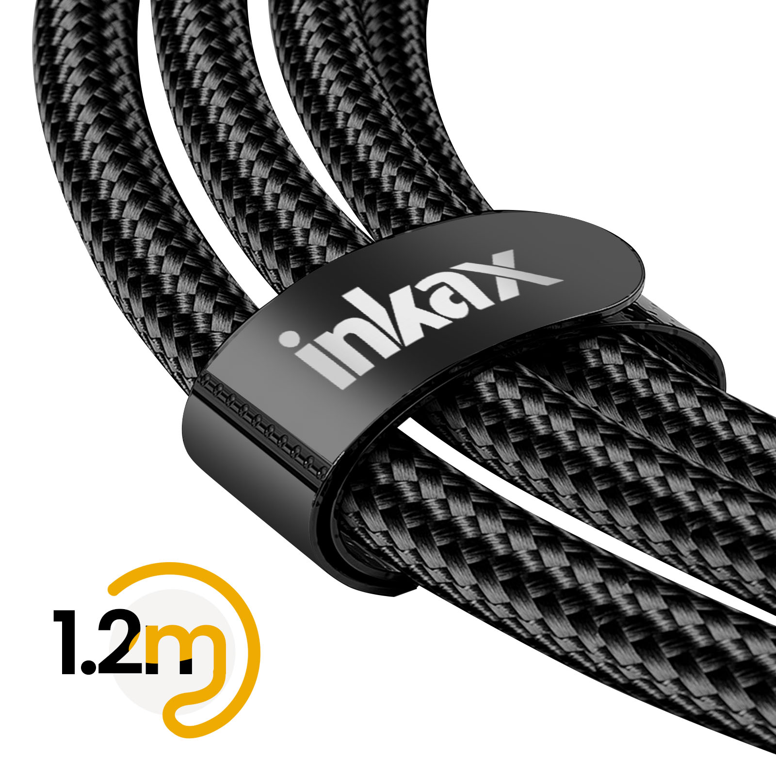 Câble tressé noir avec un clip noir étiqueté 'inkax'. Le câble mesure 1,2 m de long, avec un cercle jaune.