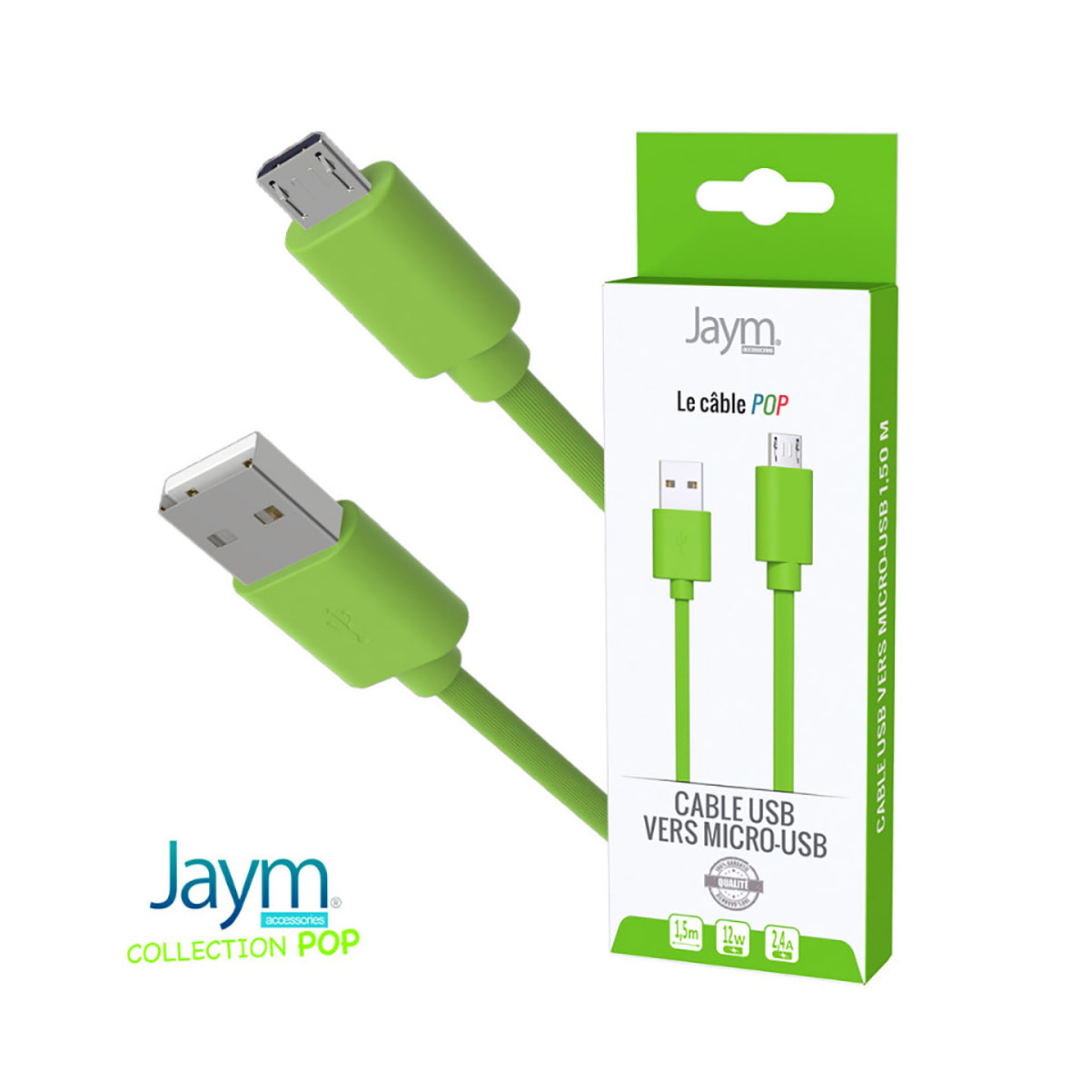 Cavo da USB a micro-USB verde in una scatola. La scatola ha il marchio 'Jaym'.
