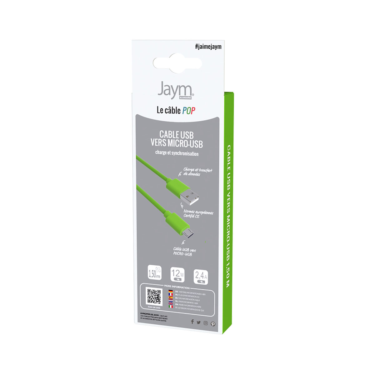 Cavo da USB a micro-USB verde nella confezione su sfondo bianco.