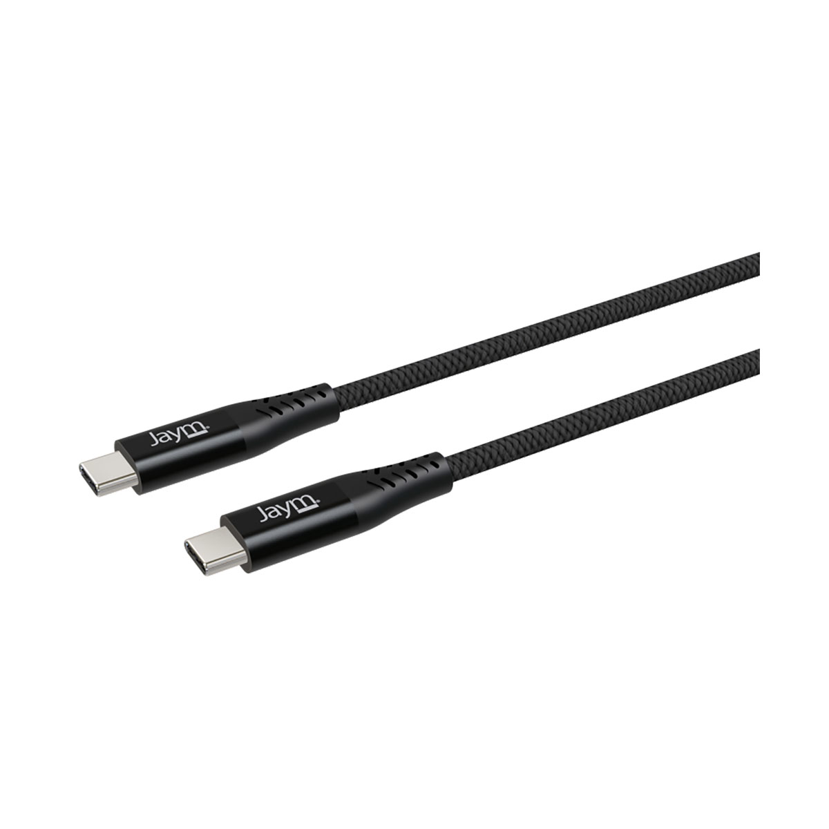 Due cavi USB-C neri con la parola 'Jaym' sui connettori.