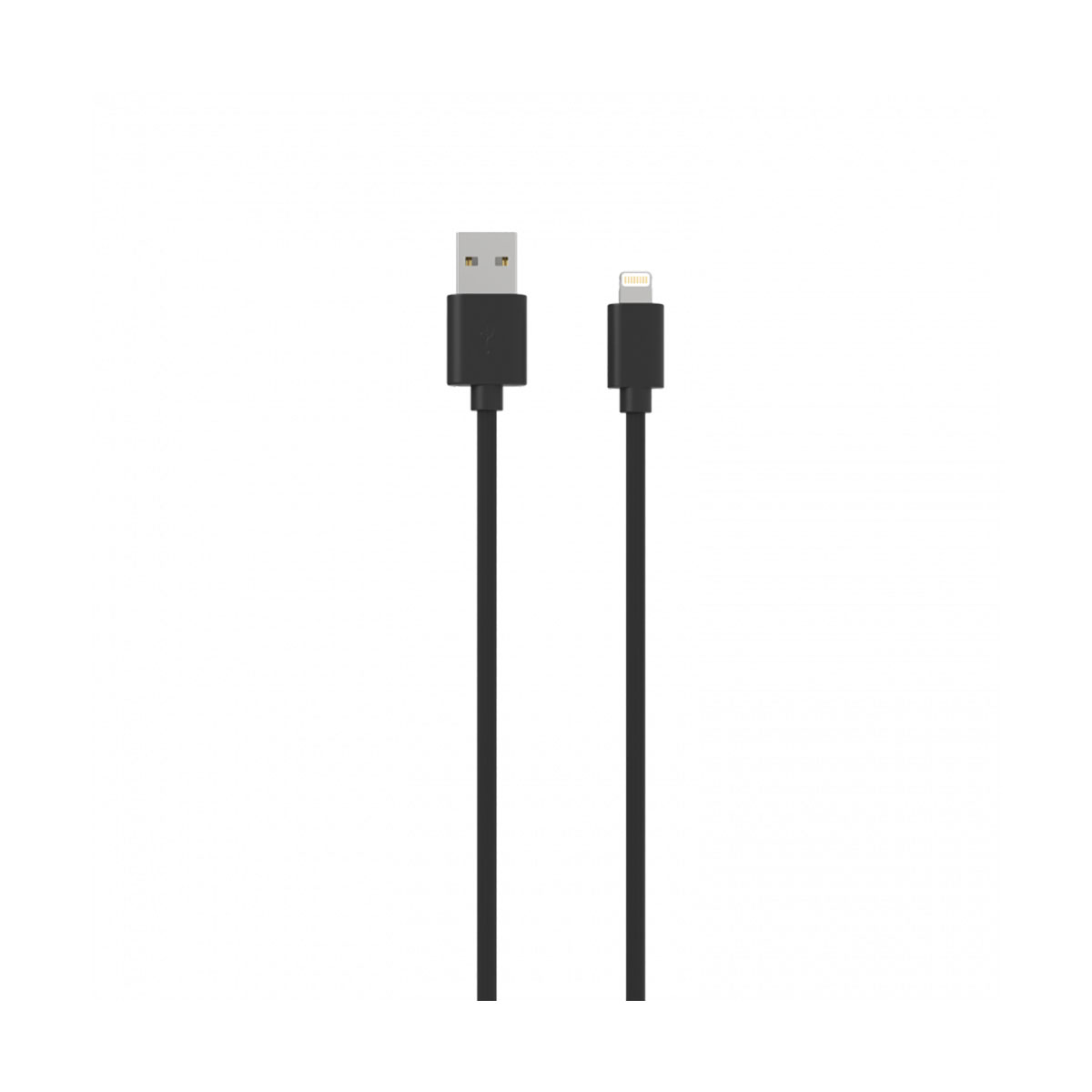 Cavo da USB a Lightning nero su sfondo bianco. Connettori USB e Lightning visibili.