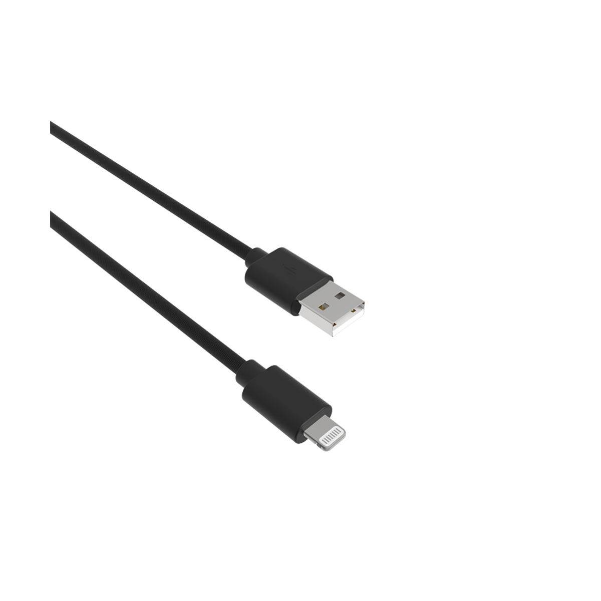 Cavo da USB a Lightning nero su sfondo bianco.