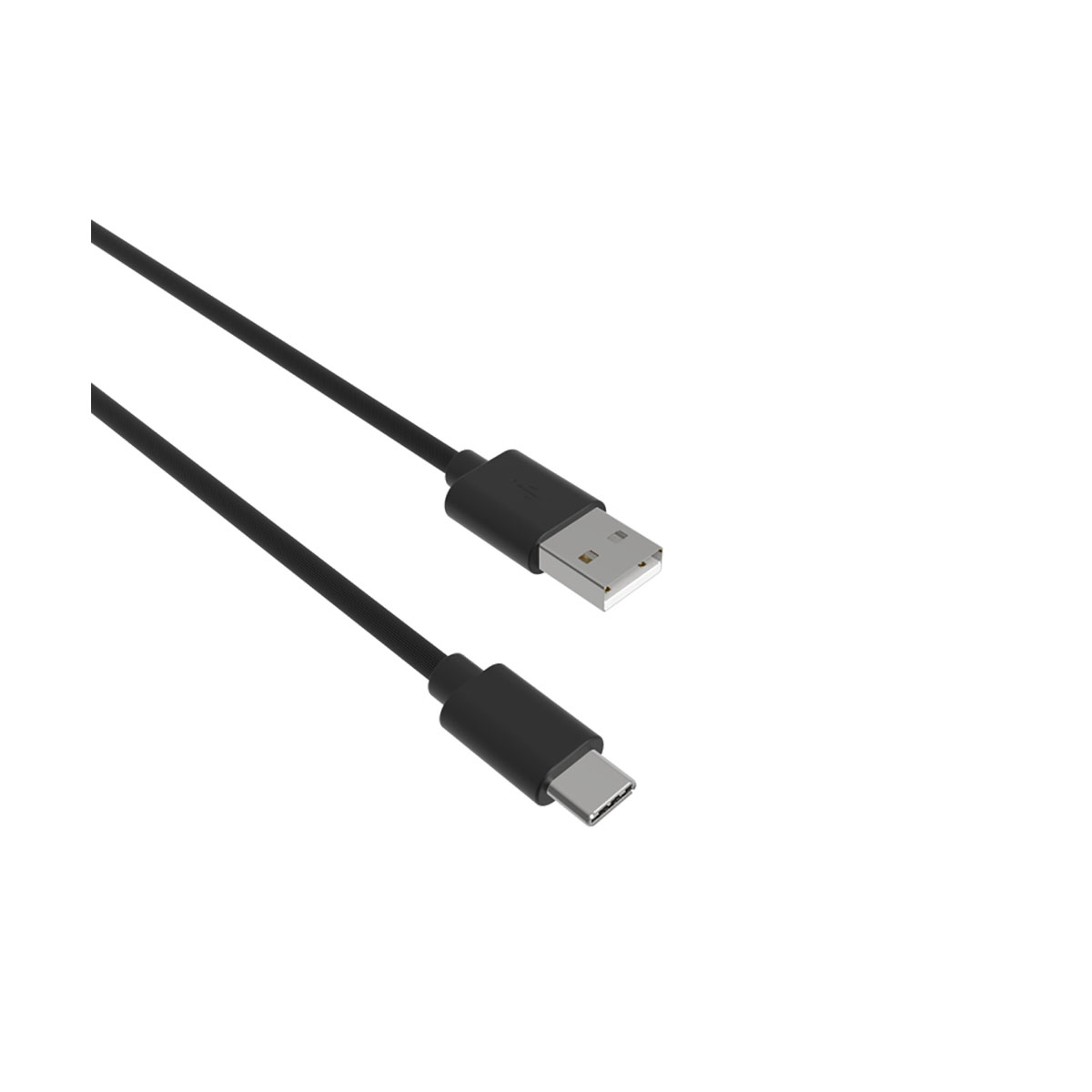 Due cavi USB neri, uno USB-A e uno USB-C, su sfondo bianco.