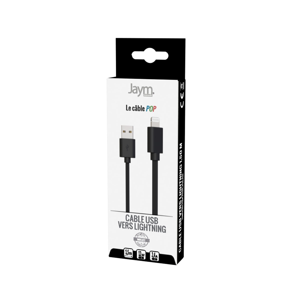 Cavo USB-C a Lightning bianco e nero in una scatola, con dettagli del cavo.