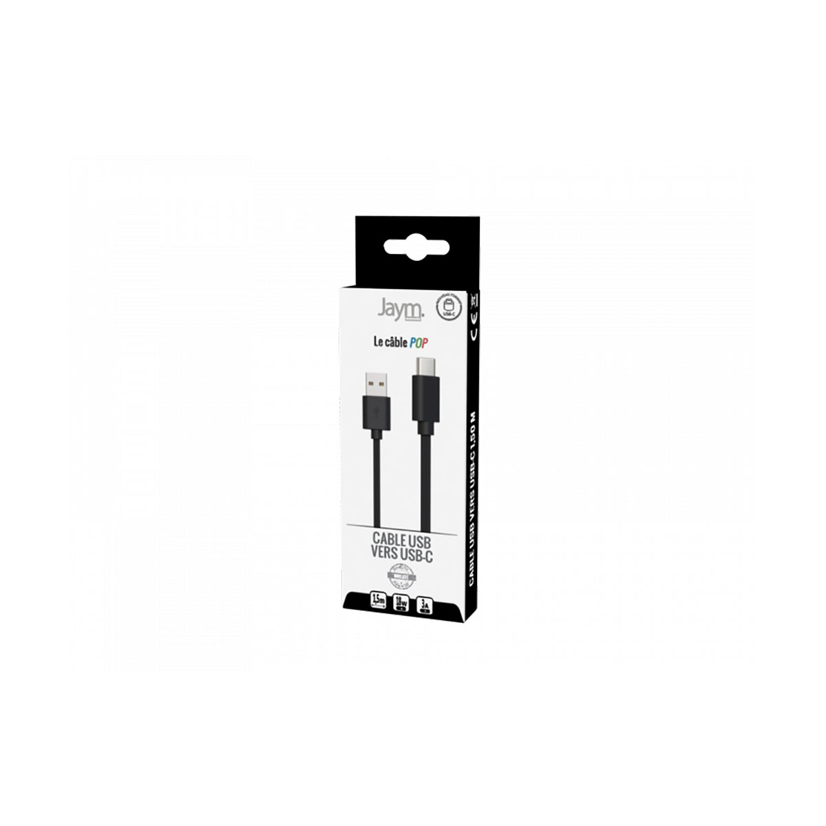 Cavo USB-C nero in scatola nera, sfondo bianco.