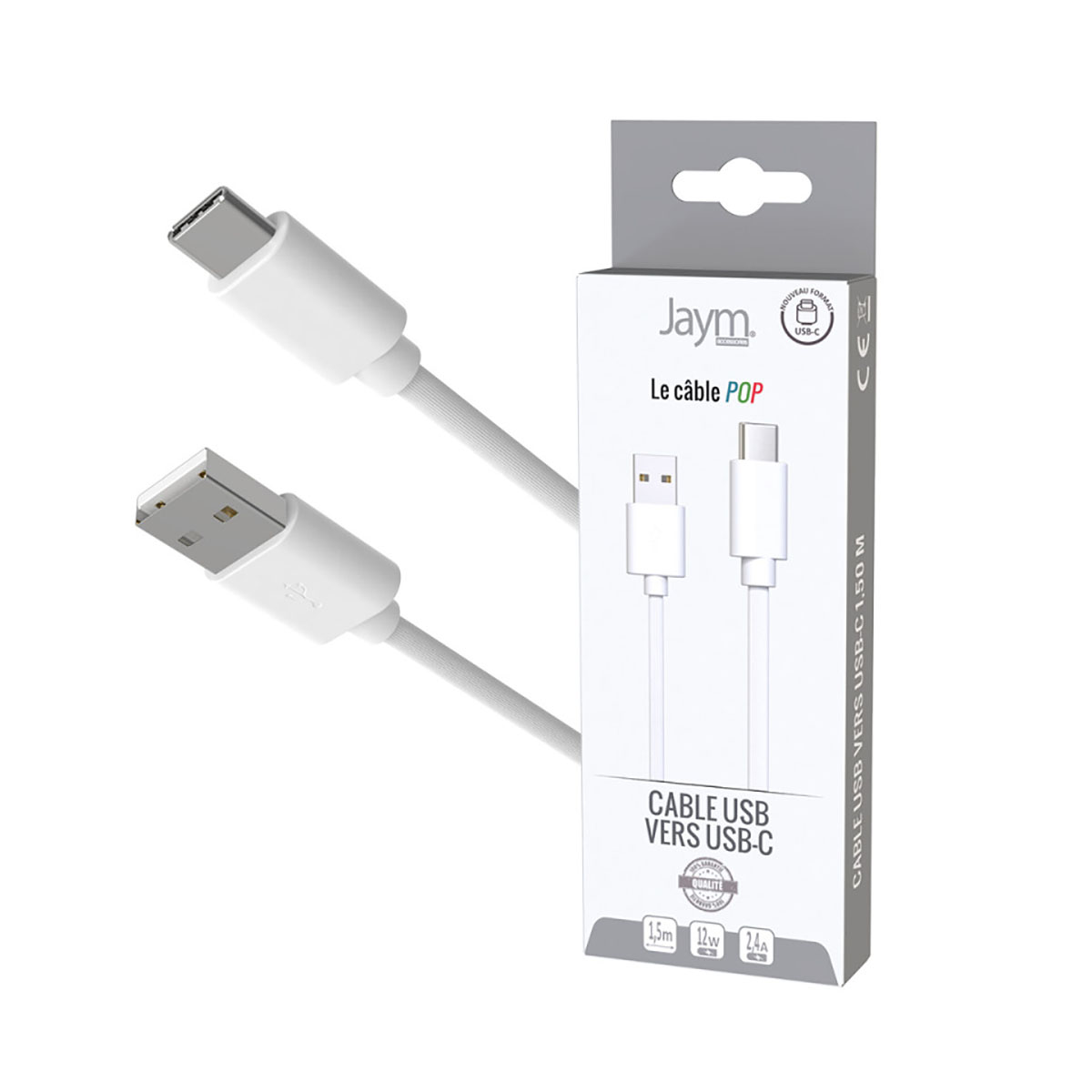 Cavo USB-C bianco con scatola. La scatola ha info prodotto e il logo Jaym.