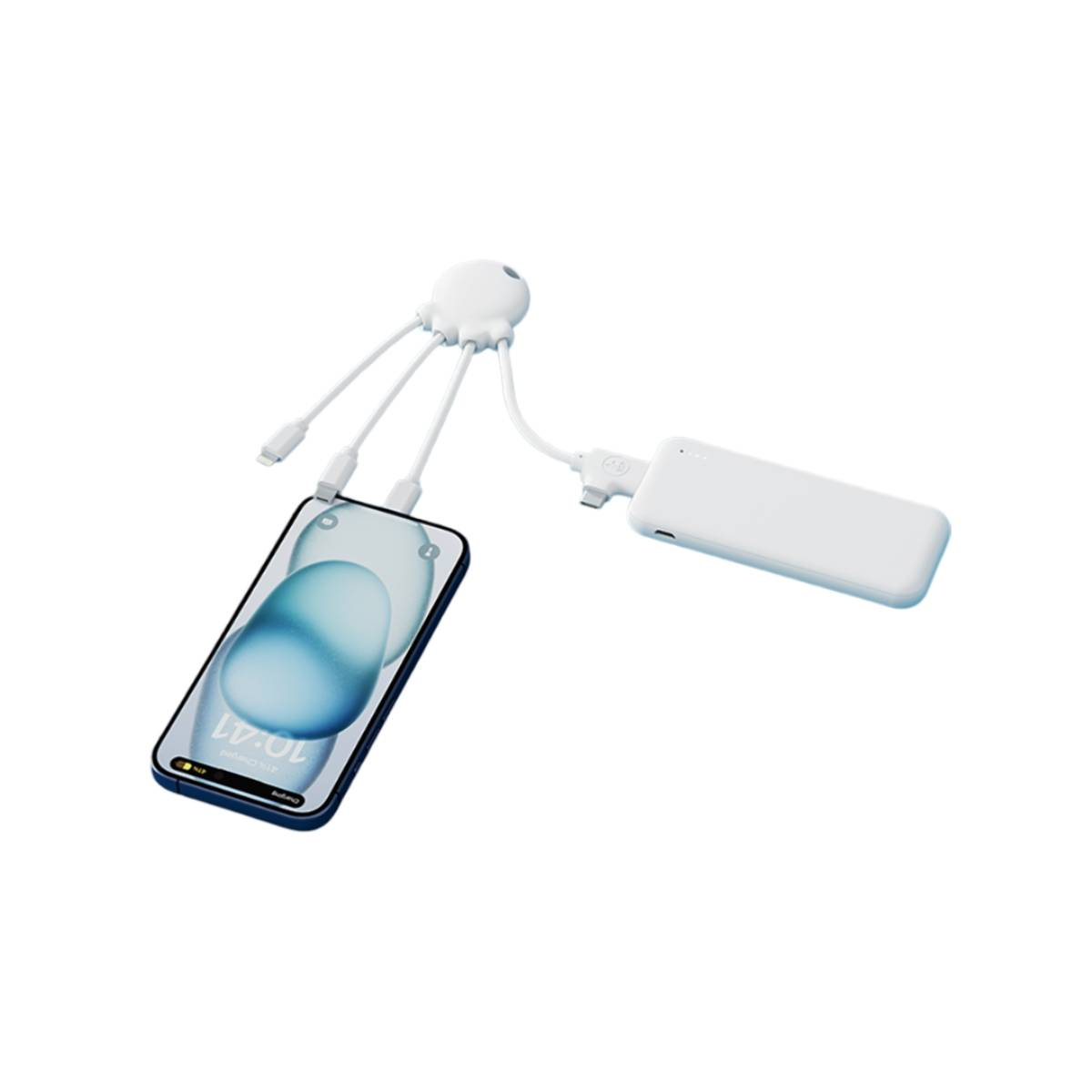 Un telefono e un power bank vengono caricati tramite un multi-connettore. Forma di polpo bianco.