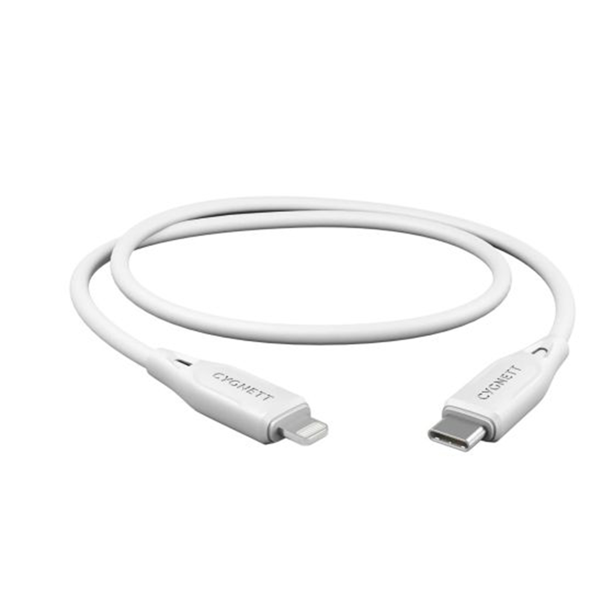 Cavo USB-C a Lightning bianco con marchio Cygnett, connettori su entrambe le estremità.
