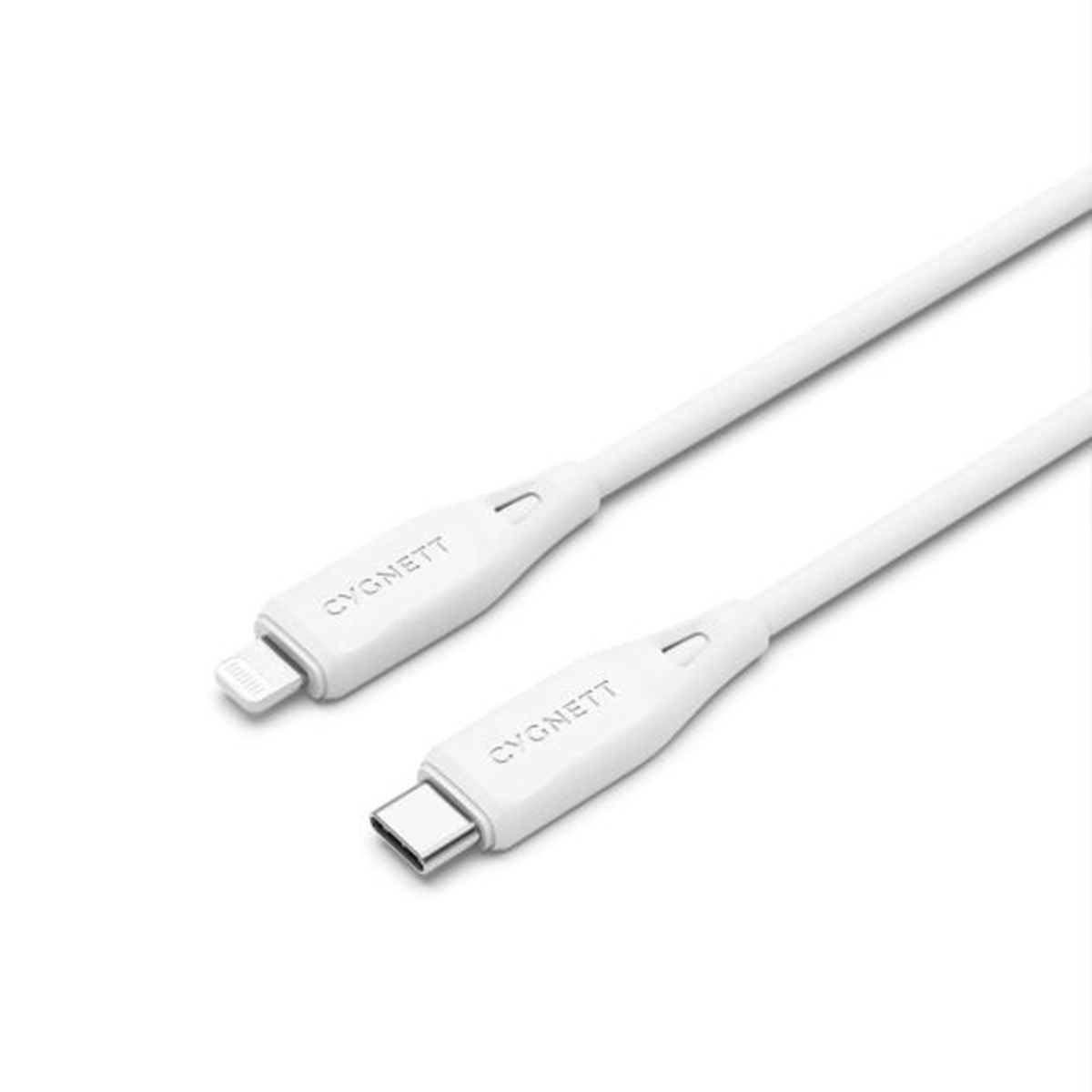 Cavo bianco USB-C a Lightning con marchio, su bianco.