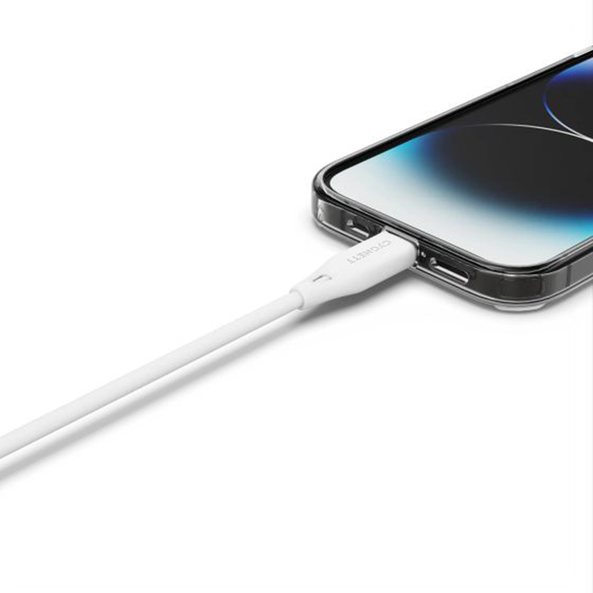 Telefono in carica con cavo bianco. Il cavo è collegato al telefono.