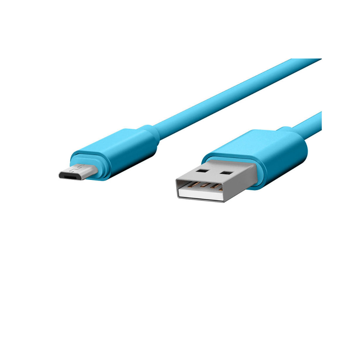 Cavo USB blu, con connettori USB e micro-USB su sfondo bianco.