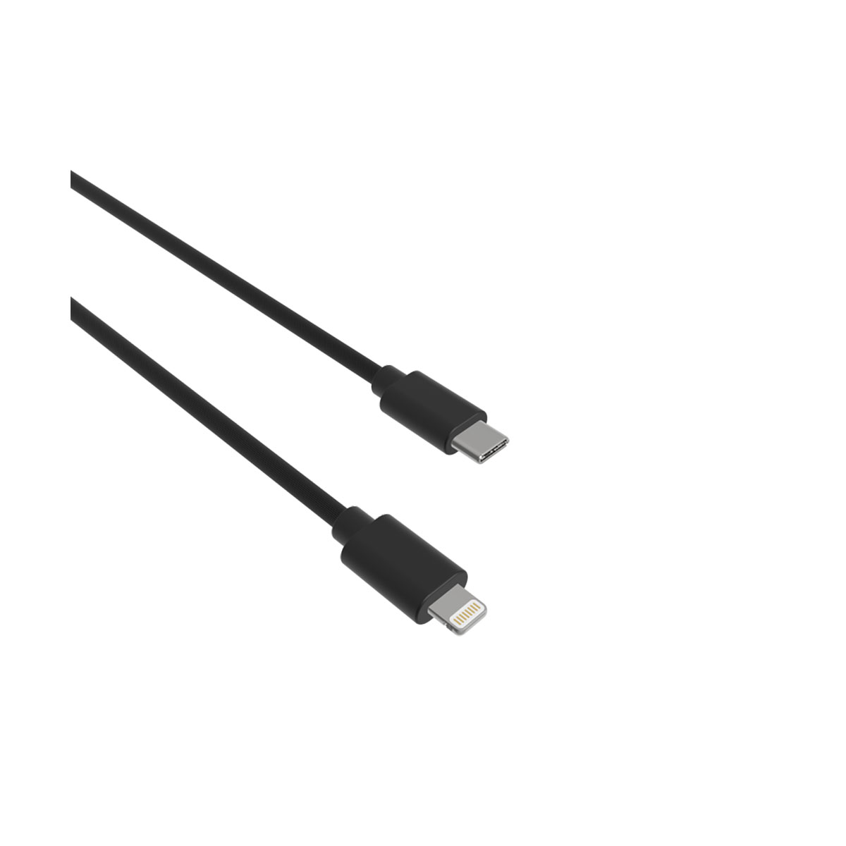 Câble noir avec connecteurs USB-C et Lightning. Le câble est incliné sur le côté.