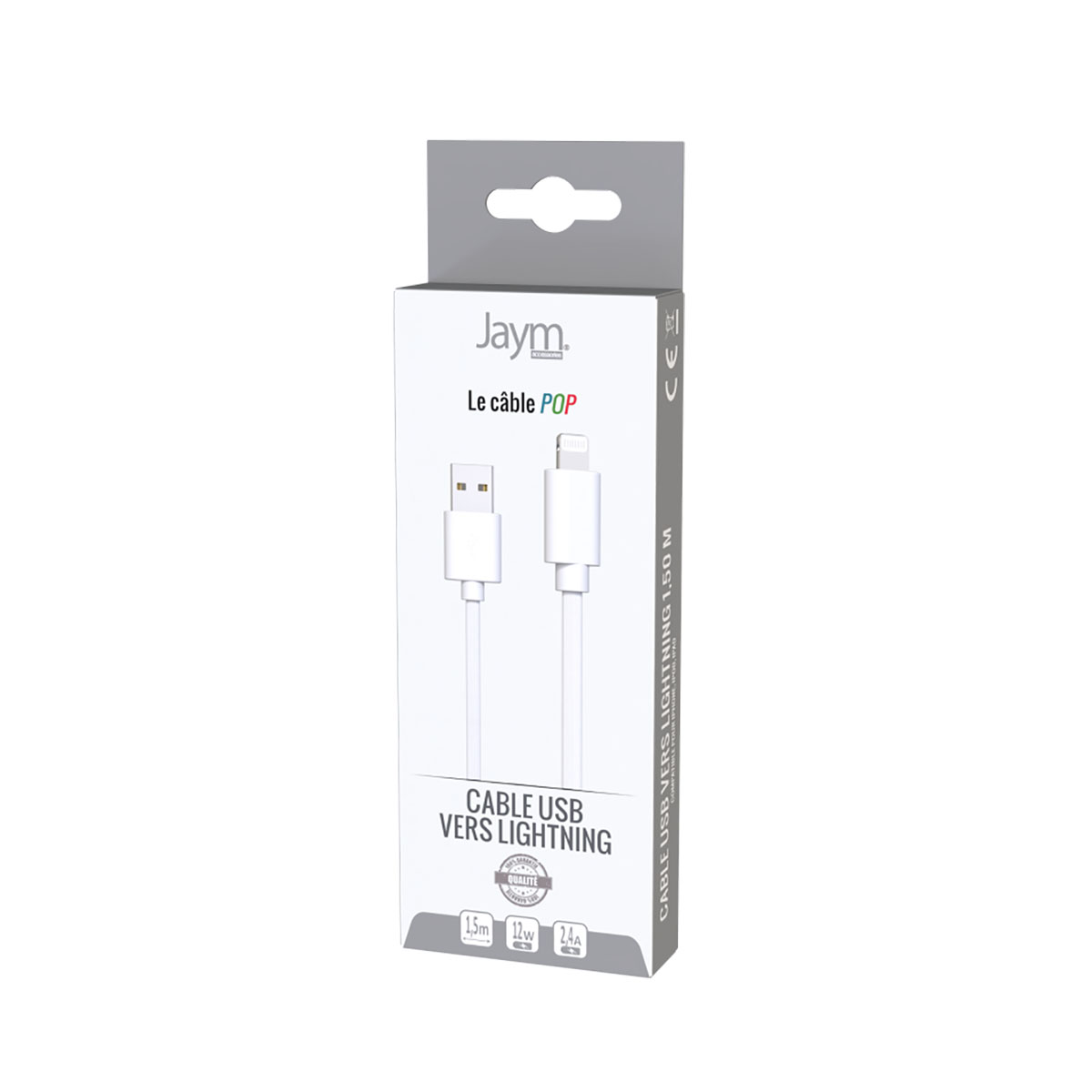 Câble USB-C vers Lightning blanc dans une boîte, détails du produit visibles.