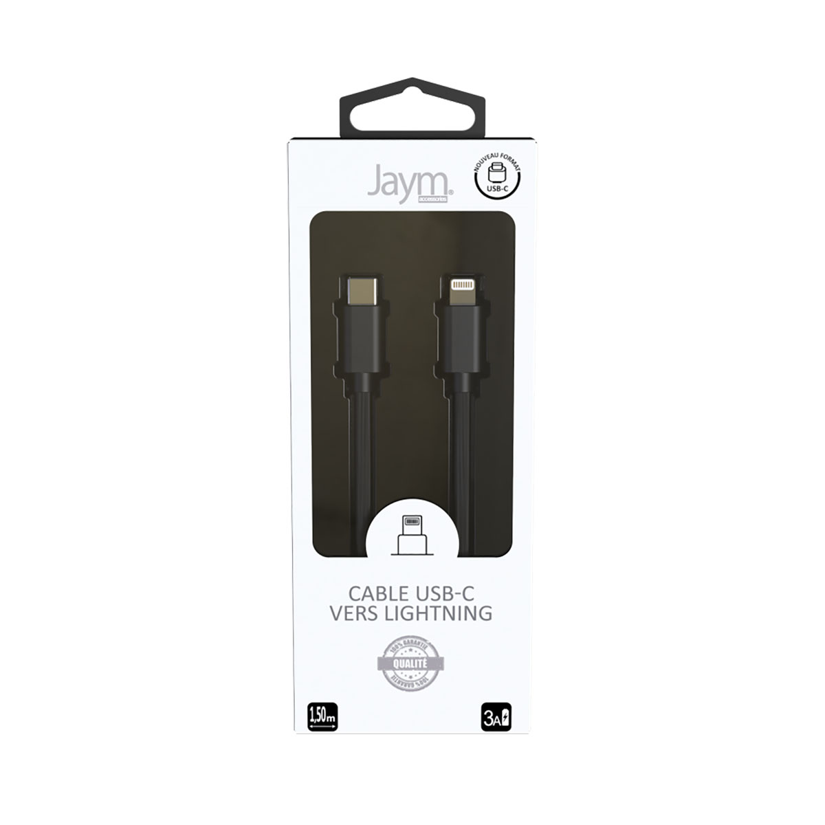 Un câble USB-C vers Lightning noir dans un emballage. Texte : CABLE USB-C VERS LIGHTNING. 1,50 m.