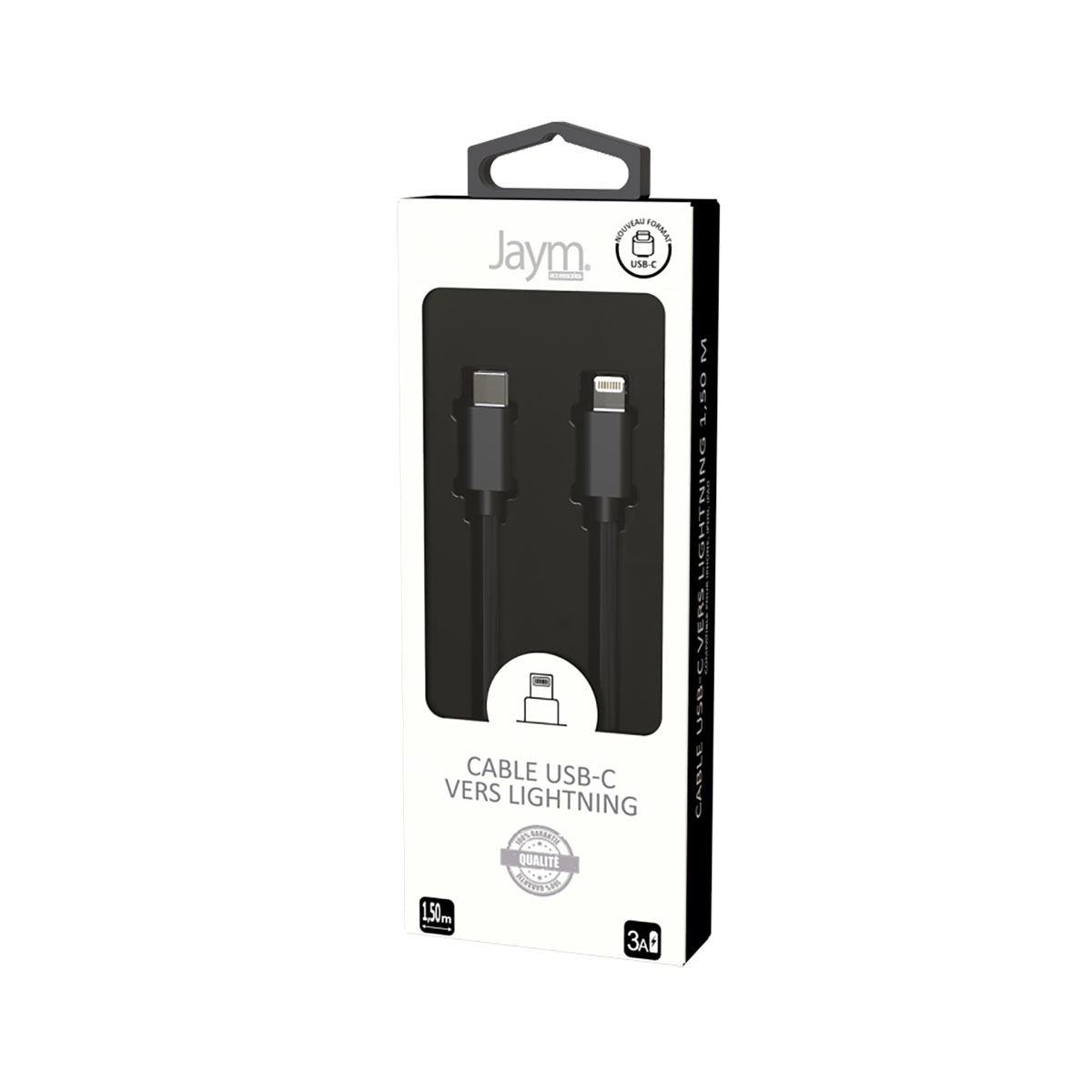 Câble USB-C vers Lightning noir dans une boîte. Marque Jaym.