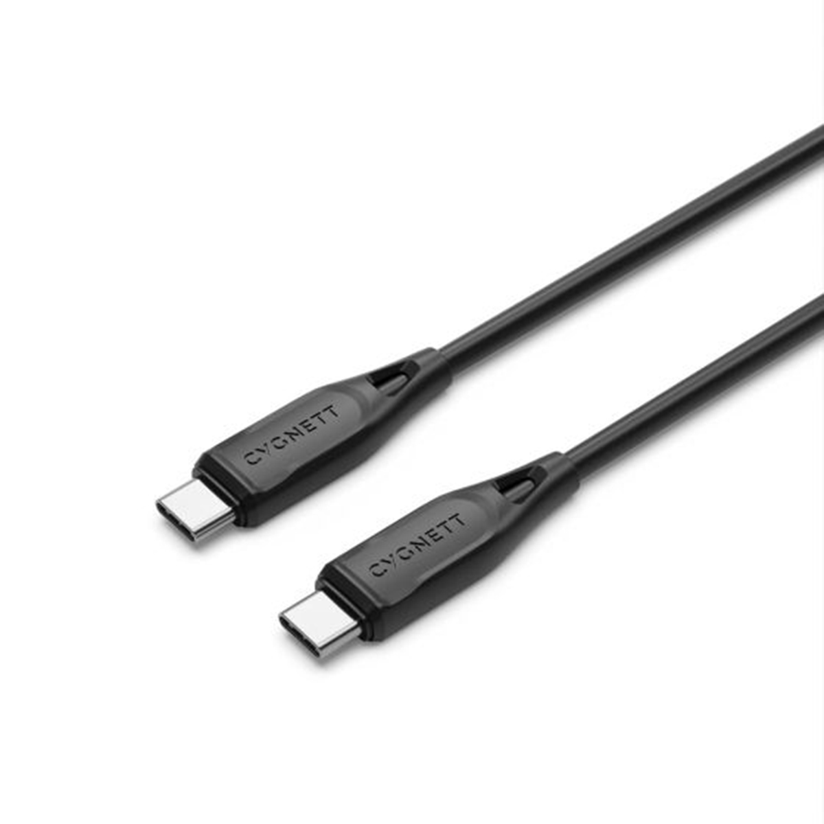 Zwei schwarze USB-C-Kabel mit der Aufschrift 'CYGNETT', abgewinkelt auf weißem Hintergrund.