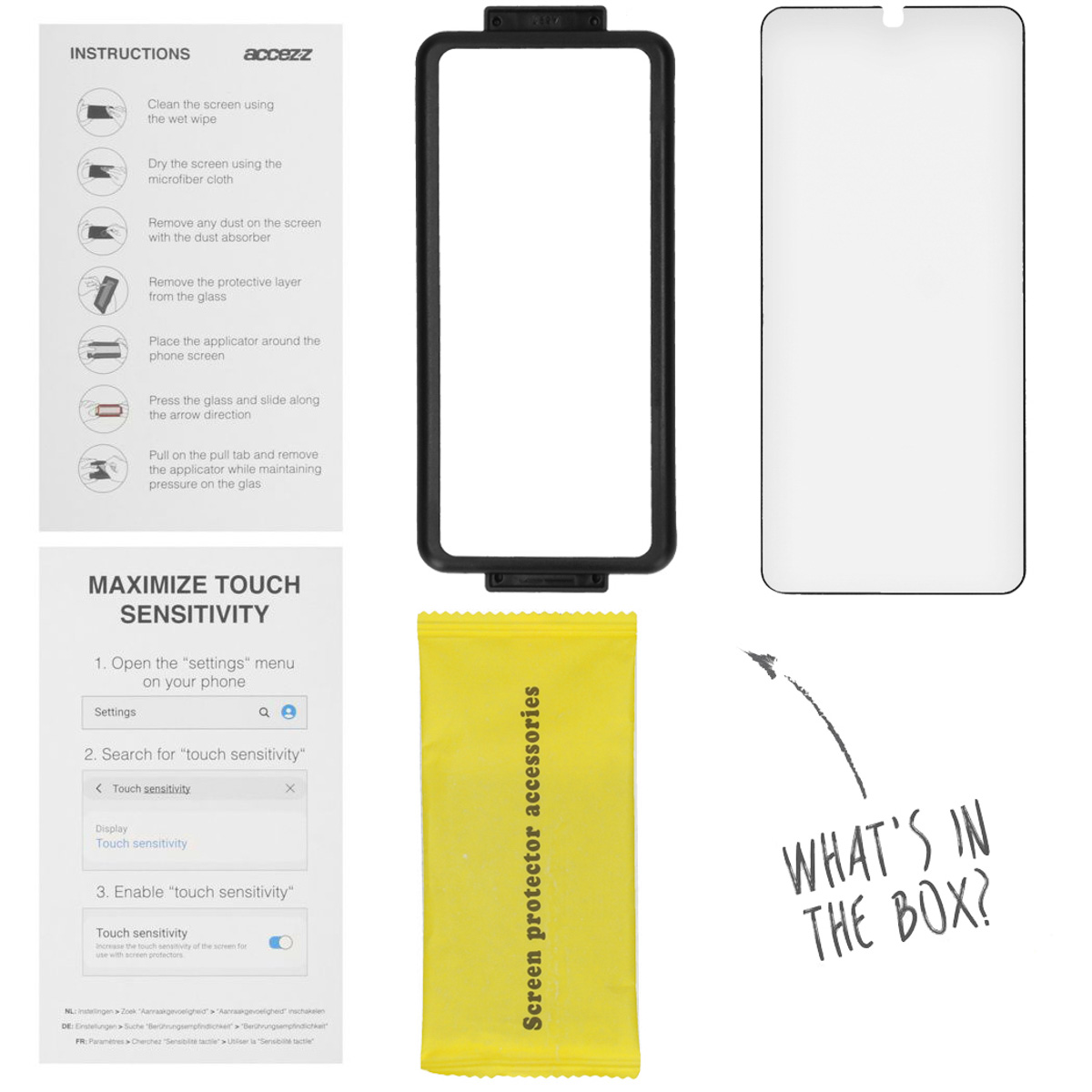 Contents of the box, including a phone screen protector and accessories.
