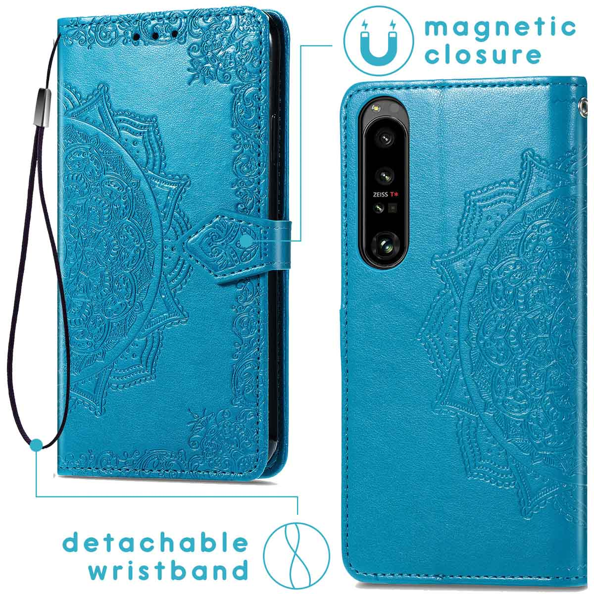 Coque de téléphone bleue avec dragonne amovible. Fermeture magnétique et design détaillé.