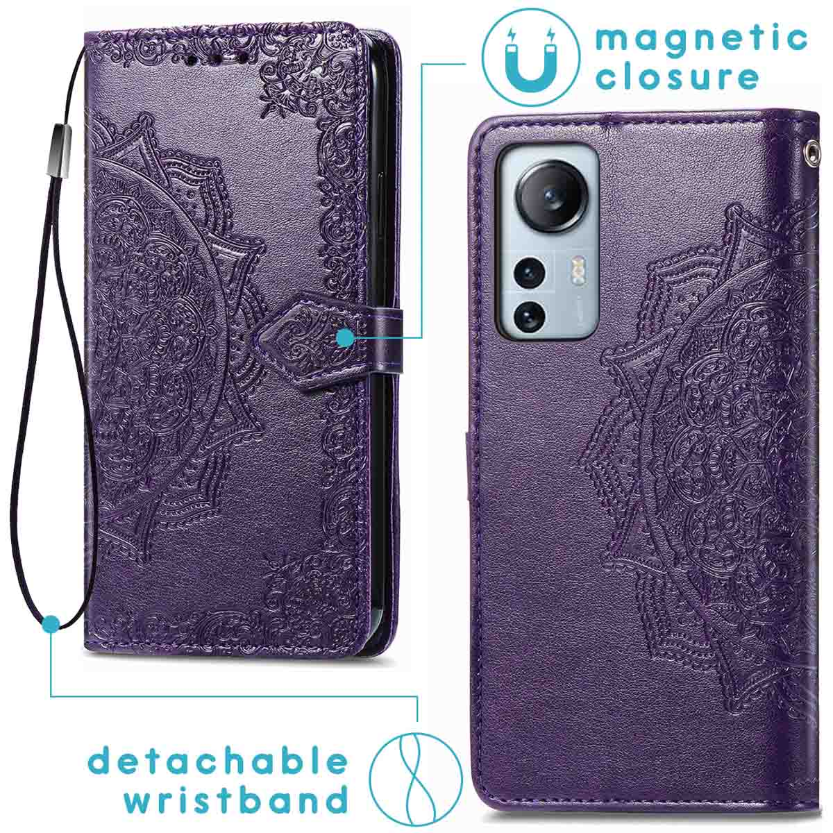 Una custodia per telefono viola con cinturino da polso staccabile.