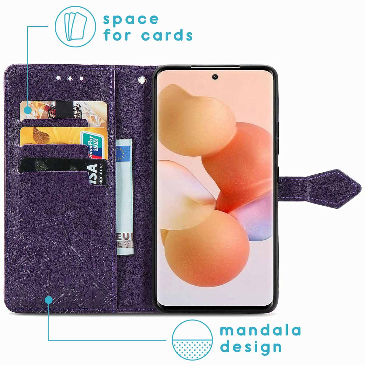 Una custodia viola per telefono con un telefono all'interno. Ha slot per schede e un design mandala.