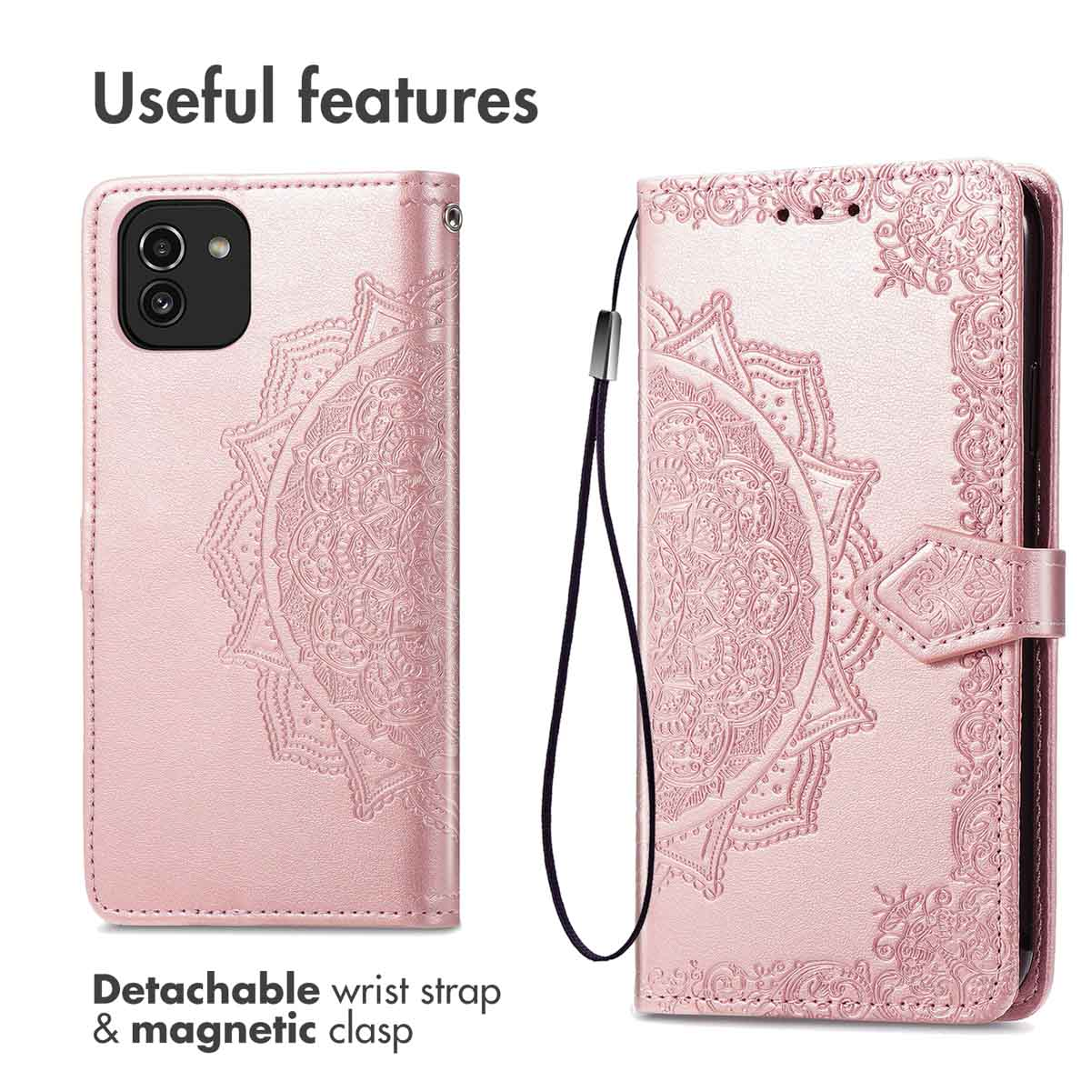 Twee roze telefoonhoesjes. Eén is open en één is gesloten. Beide hebben een mandala-ontwerp en afneembare polsbandjes.