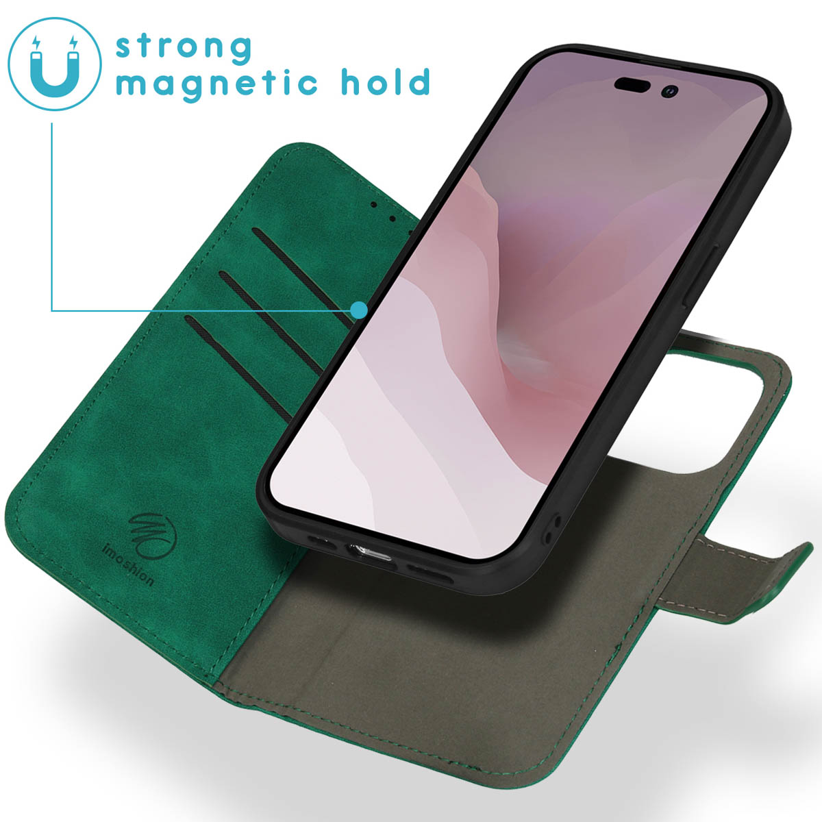 Groene telefoonhoes met een wit en groen geruit ontwerp. Telefoon is met een riem bevestigd.