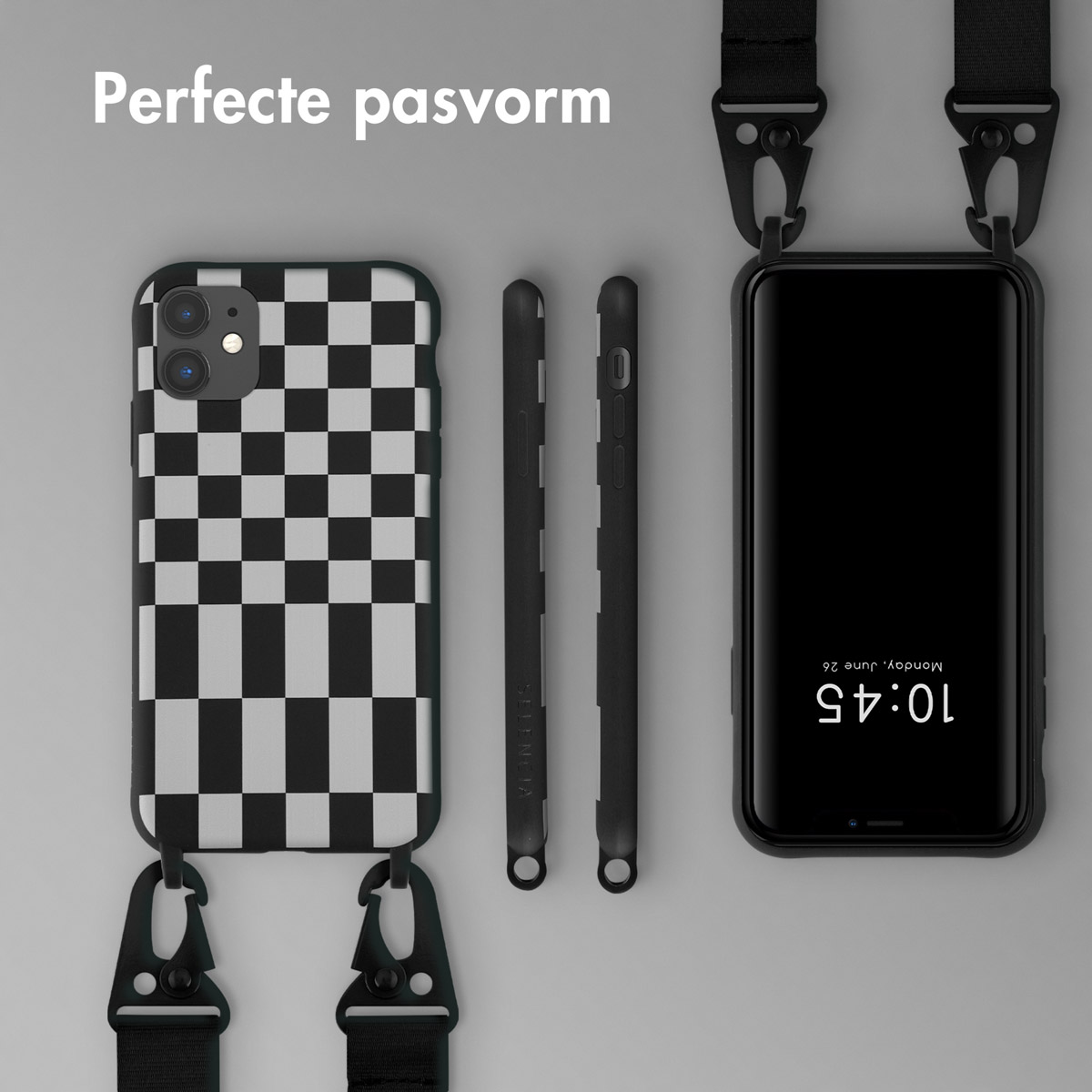 Coques de téléphone avec un motif à carreaux noir et blanc, un téléphone noir et une sangle avec crochets.