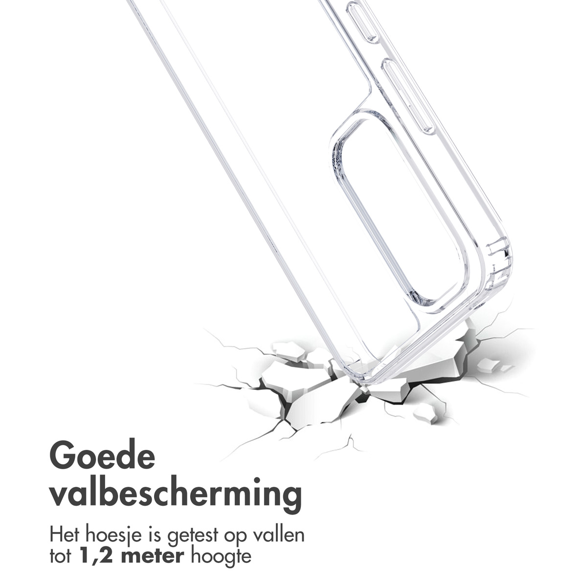 Transparante telefoonhoes schuin, met barsten eronder. Tekst: Goede valbescherming.