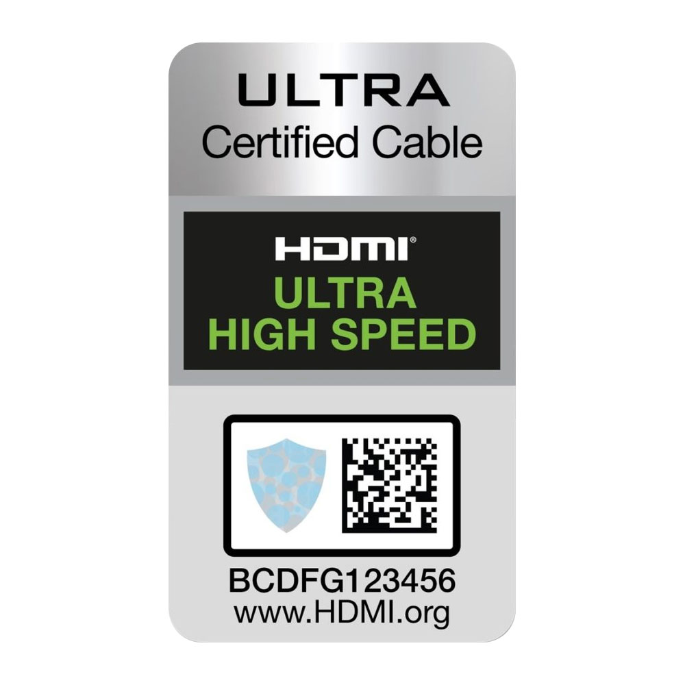 HDMI-kabelsticker met 'Ultra High Speed' en tekst. QR-code en schild.