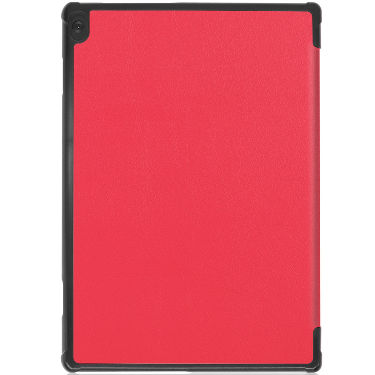 A red tablet with a black frame. The back of the tablet is red.