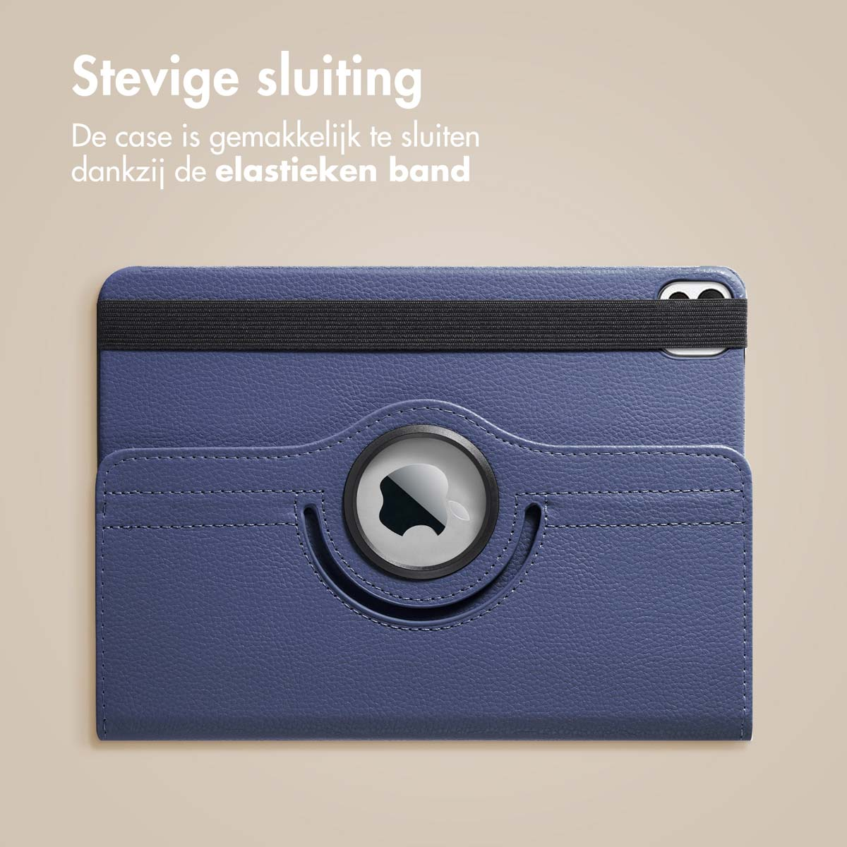 Blue leather case with a black band. An Apple AirTag is visible.