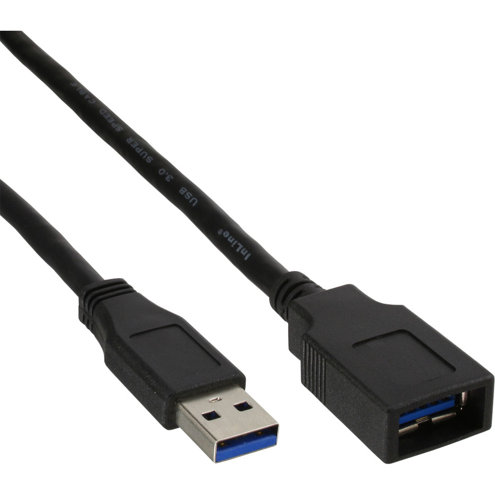 Een zwarte USB 3.0-kabel met blauwe connectoren op een witte achtergrond.
