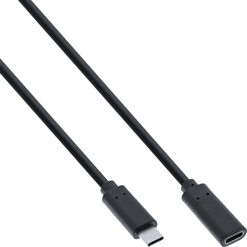 Een zwarte USB-C-kabel. Eén uiteinde is USB-C, de andere is een USB-C-poort.
