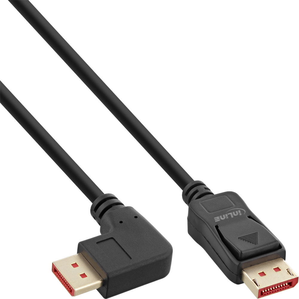 Câble noir coudé avec connecteur DisplayPort. Contacts dorés aux deux extrémités.