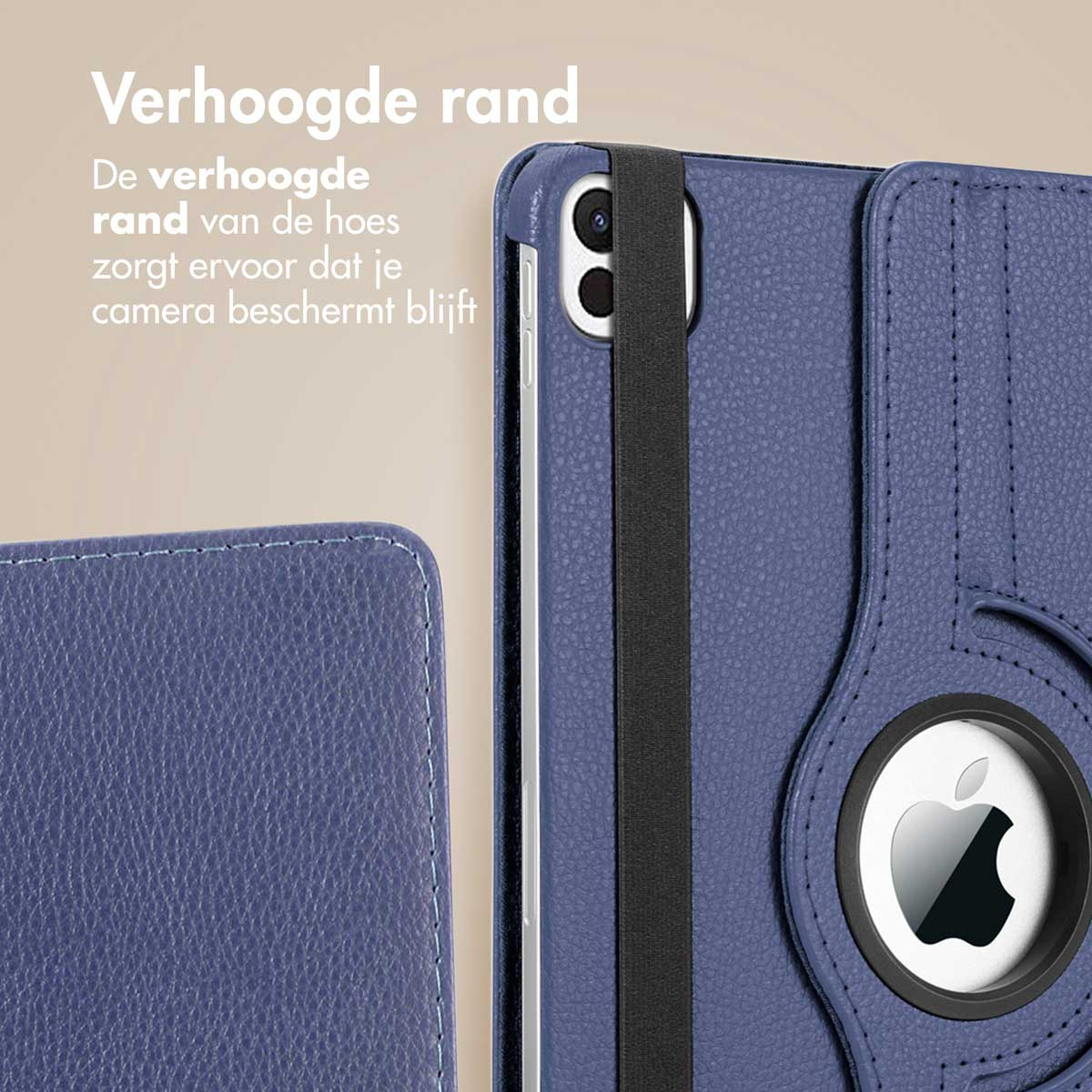 Blue tablet case, with a black strap. A camera is visible. The image shows a close up.