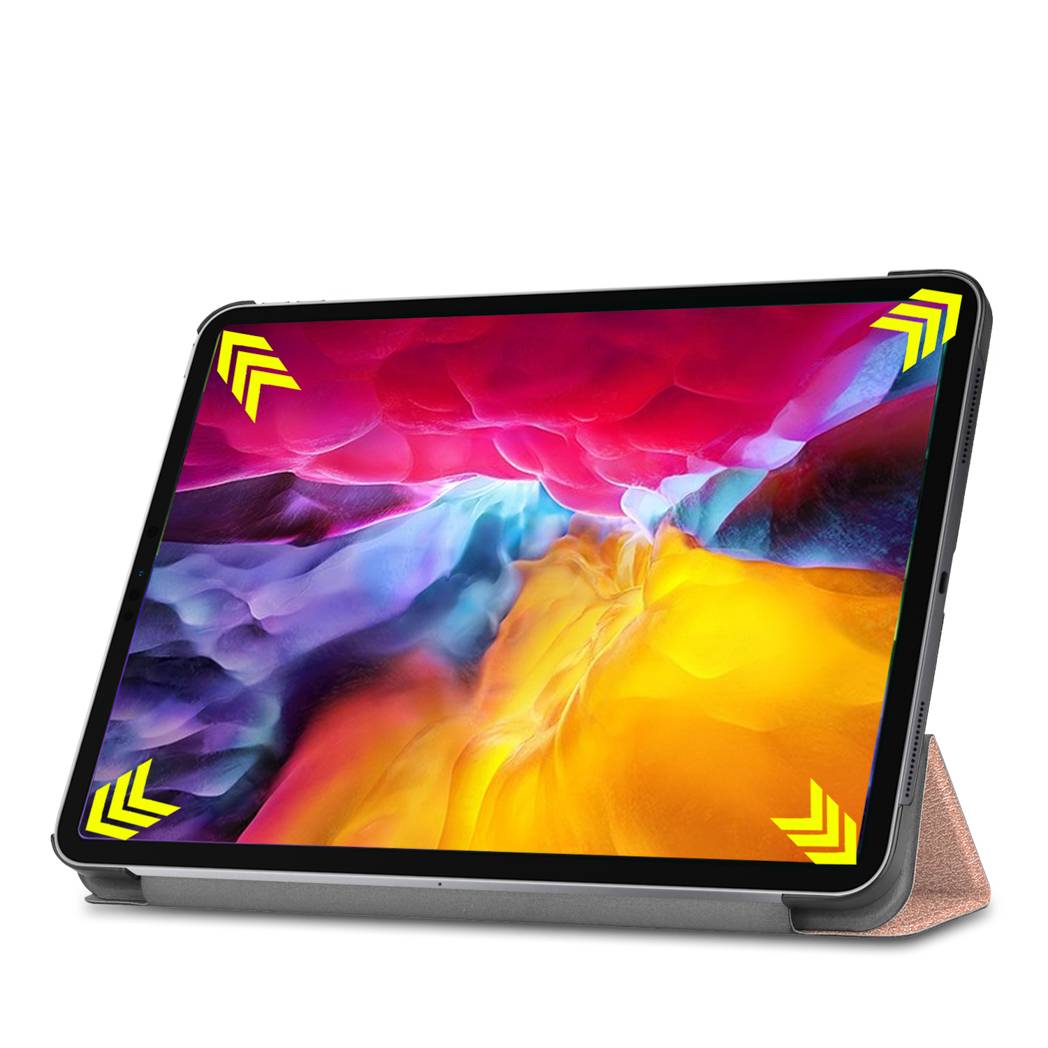 Tablet in a case, with arrows pointing to the corners. Pink case with a black frame.