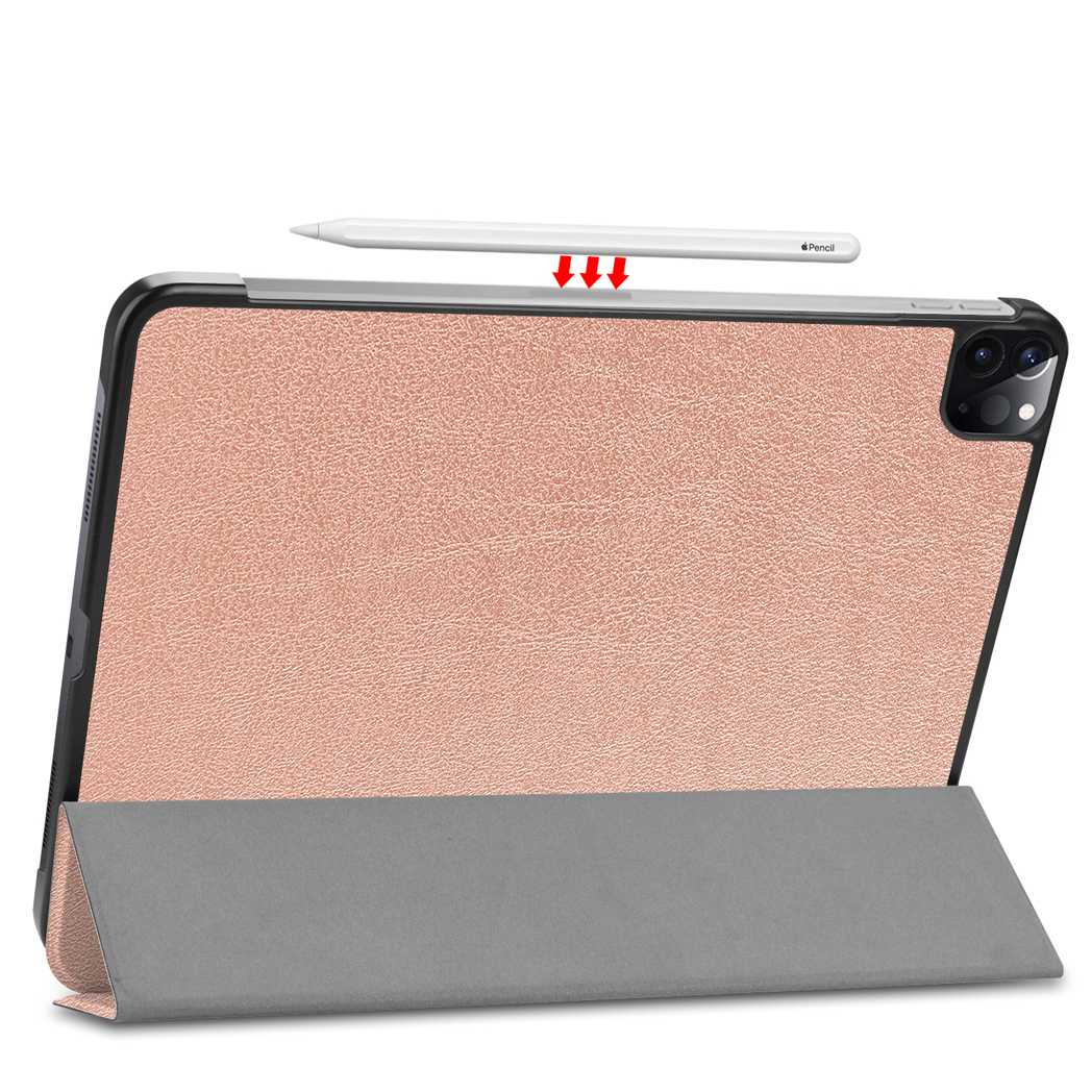 Tablet with a rose-colored cover and a stylus on top. The cover is open and grey.