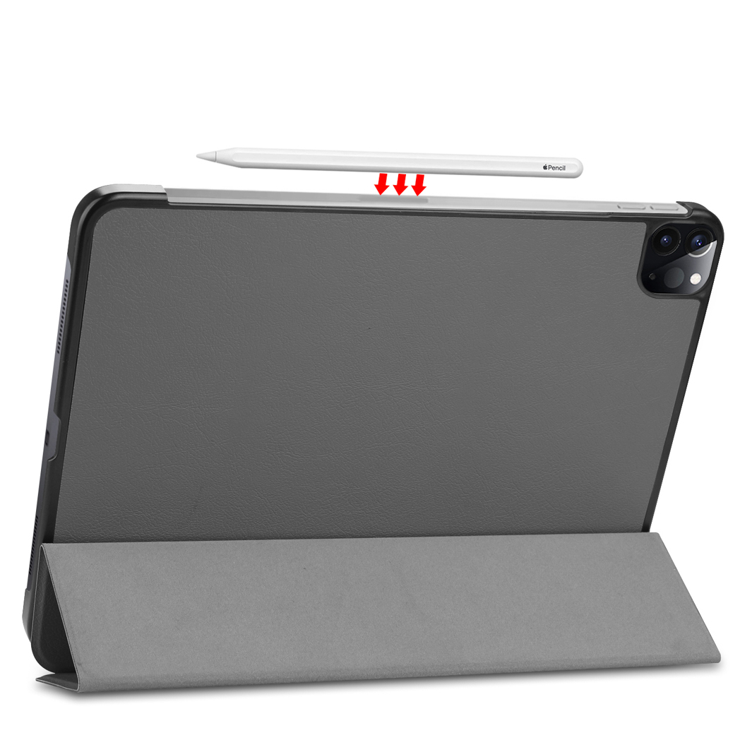 An iPad with a gray cover and a pencil magnetically attached to the top edge, with arrows.
