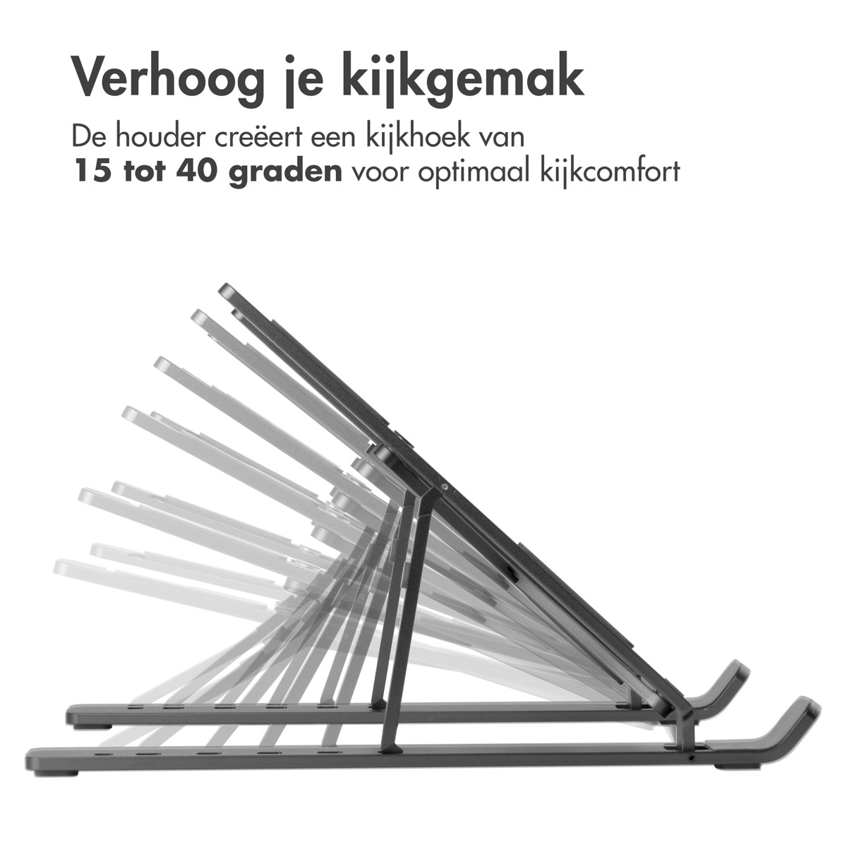 A series of tablet stands in different tilted positions, showing adjustable viewing angles.
