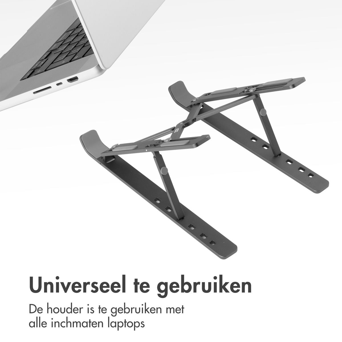 Gray laptop stand, adjustable, supports a laptop. Text: Universal use.